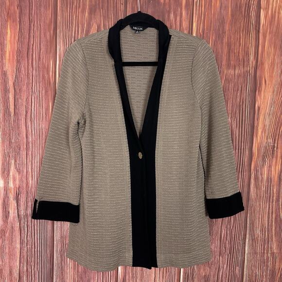 Misook Camel Beige Black Knit One Button Front Cardigan Jacket Collar Size Small - Picture 1 of 5